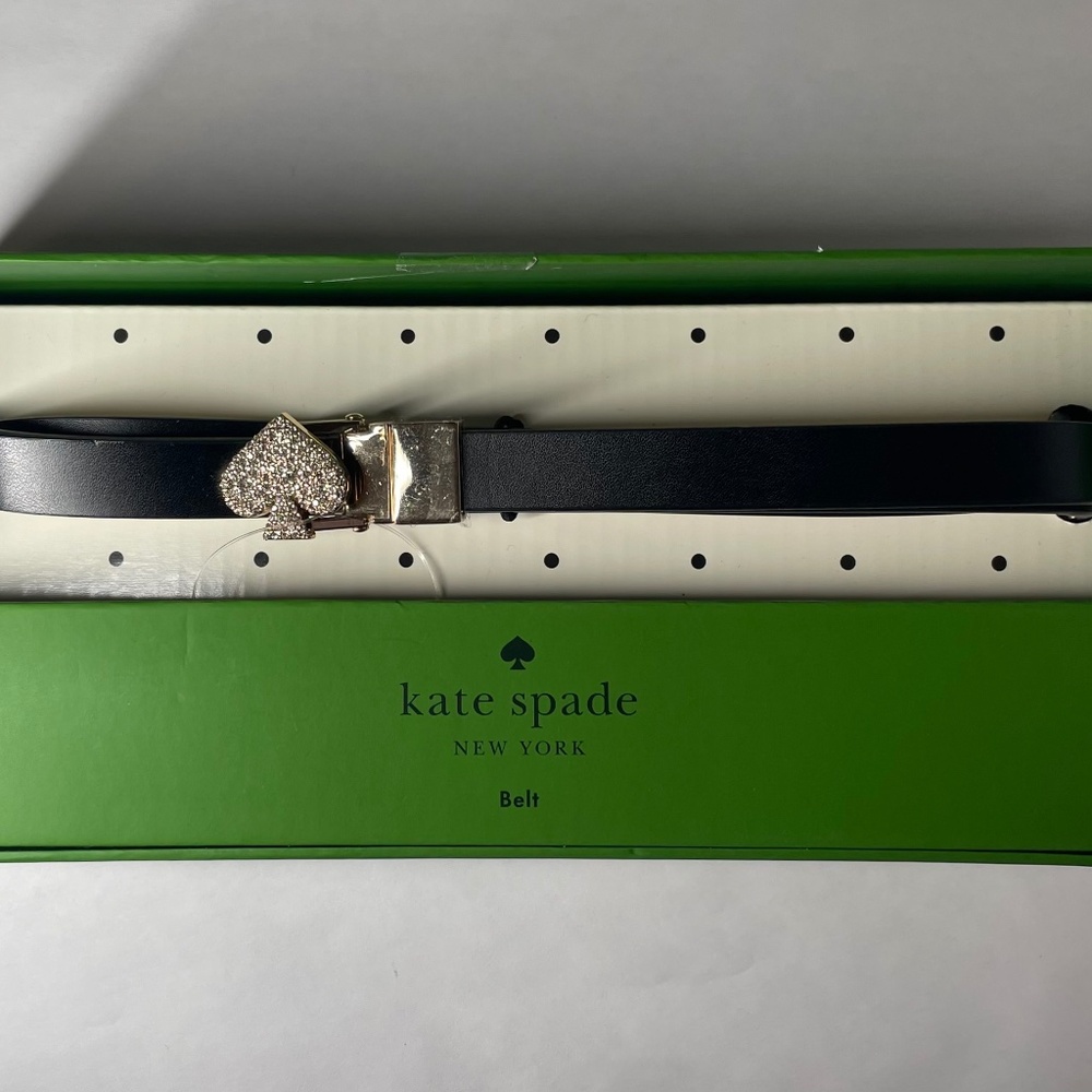 Kate Spade Crystal Logo Black Genuine Leather Belt L/XL New in Box NIB - Picture 2 of 5
